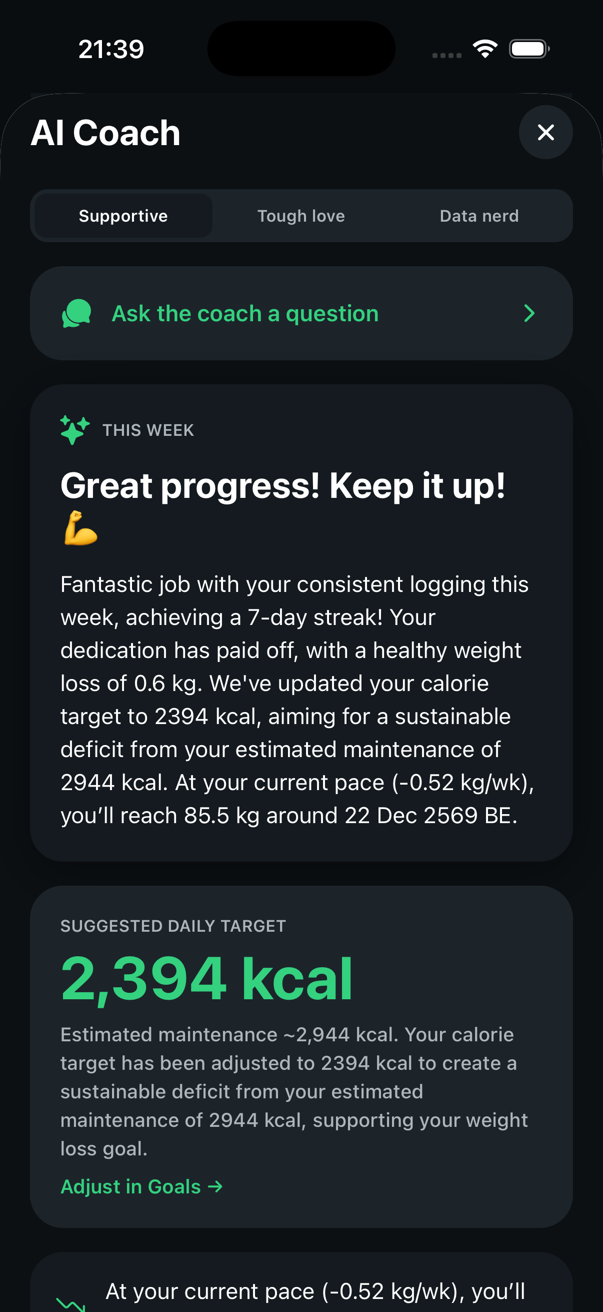 Nutrivo AI coach summarising the week and suggesting a daily calorie target