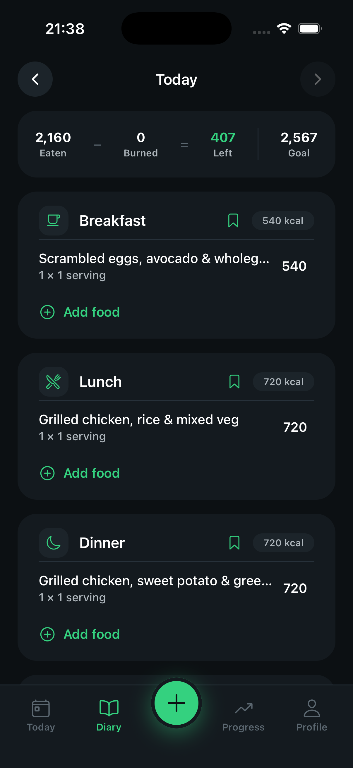 Nutrivo food diary with breakfast, lunch and dinner logged