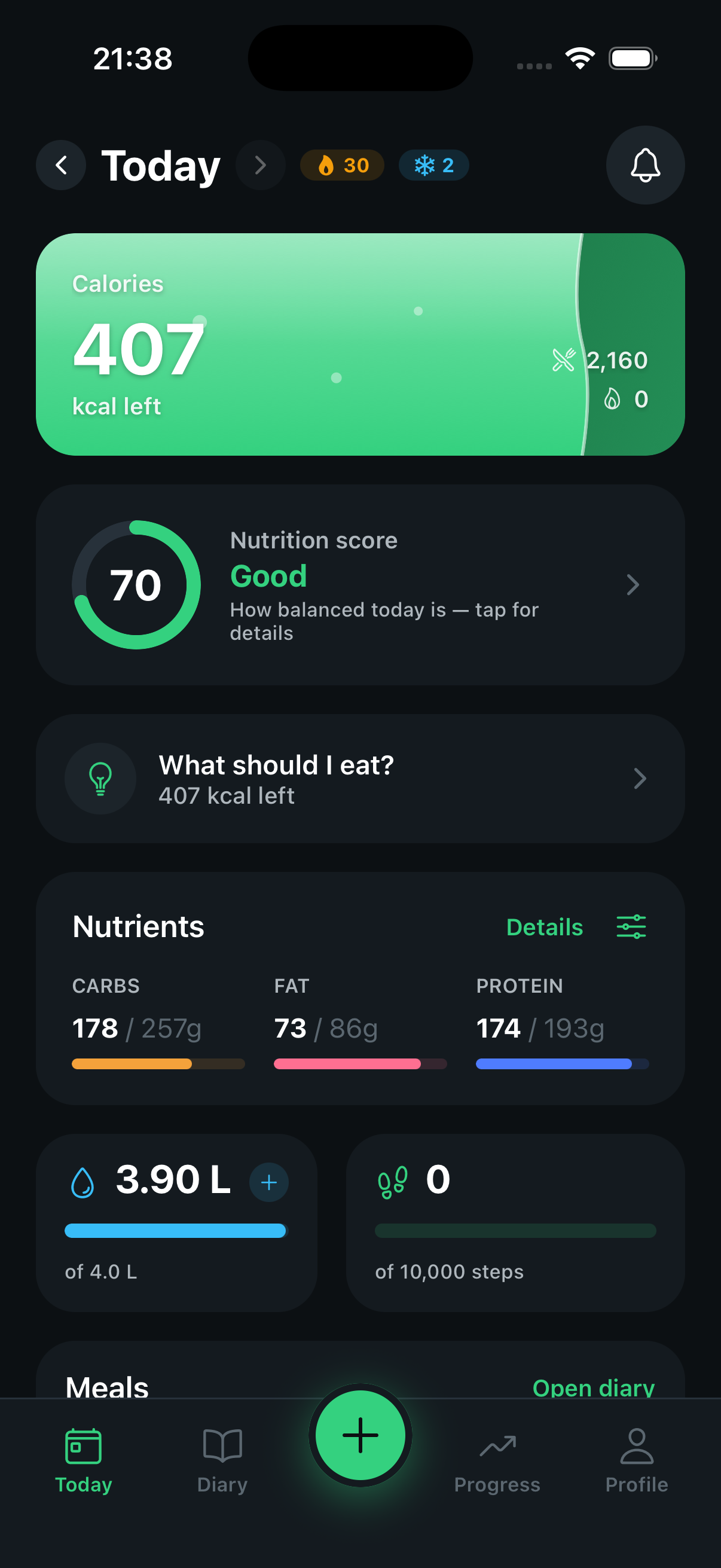 Nutrivo Today dashboard showing calories left, nutrition score, macros and water